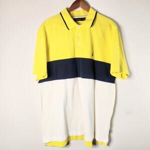 Nautica Mens Yellow White Colorblock Golf Polo Shirt Size XL Nautical Preppy